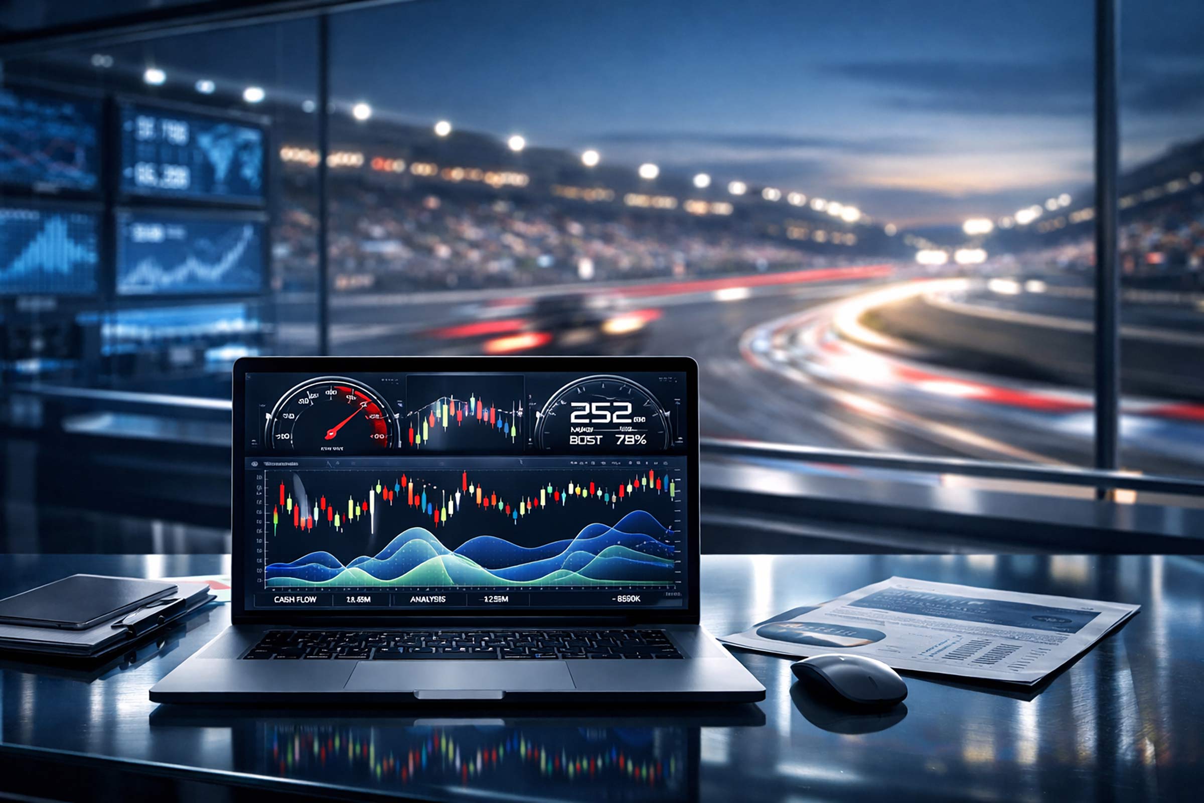 A laptop on a desk displays colorful financial charts and gauges, including a speedometer-style dial and candlestick graphs, suggesting stock market or trading analysis. The workspace overlooks a brightly lit racetrack at dusk, where blurred race cars speed around a curve in front of a large crowd, visually linking high-speed racing with fast-paced financial activity.