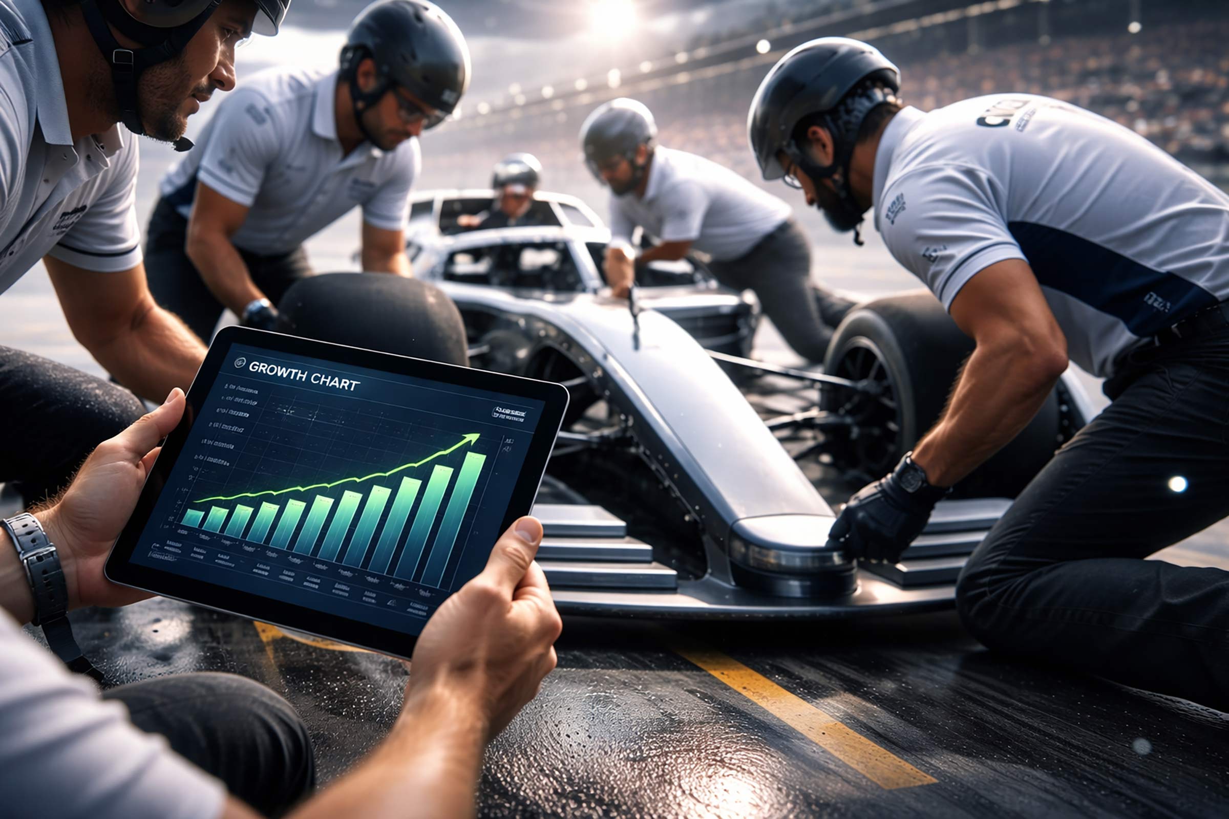 A pit crew in helmets and uniforms pushes a race car on a track during a pit stop, while in the foreground someone holds a tablet displaying a rising growth chart with green bars and an upward arrow — symbolizing performance improvement and acceleration of personal finance.